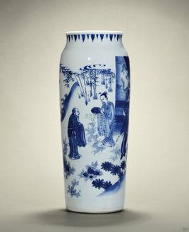 明崇祯青花文王访贤图筒瓶